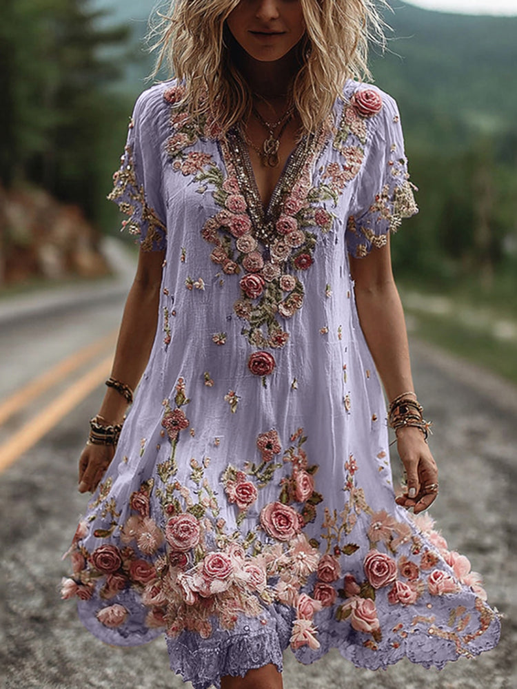 RUBY – BLOSSOM GEBORDUURDE V-HALS JURK