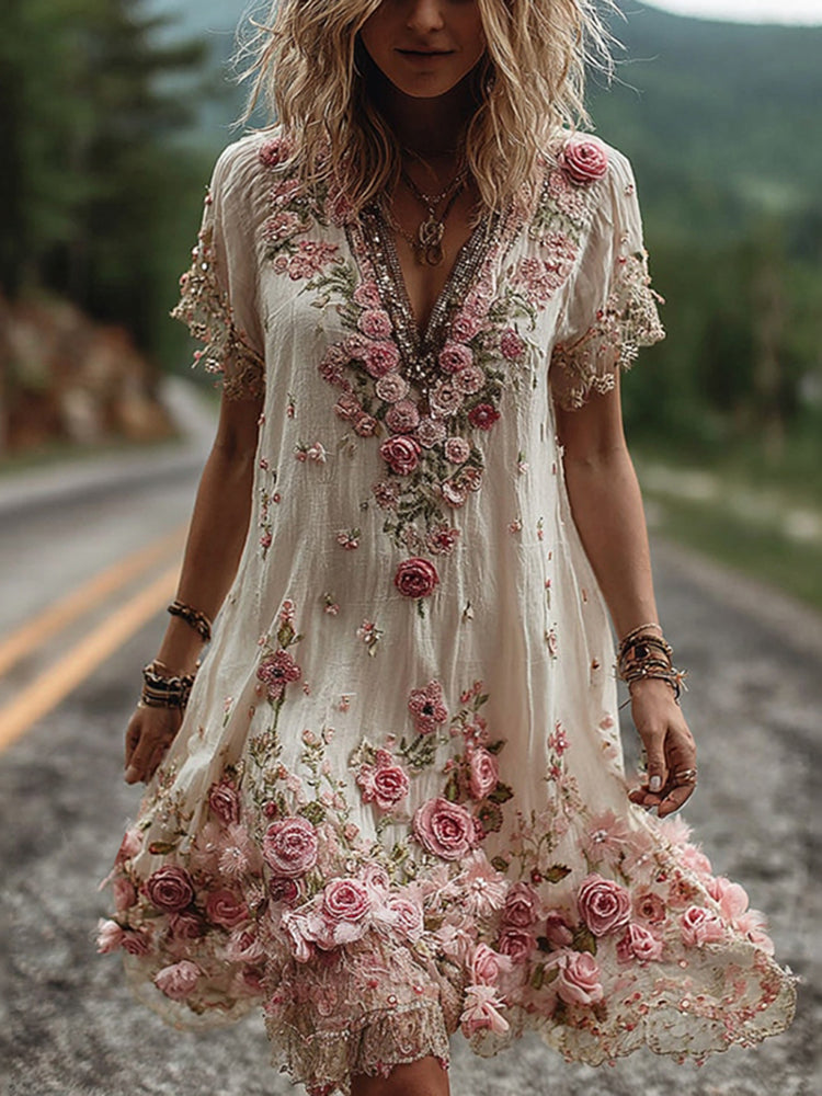 RUBY – BLOSSOM GEBORDUURDE V-HALS JURK