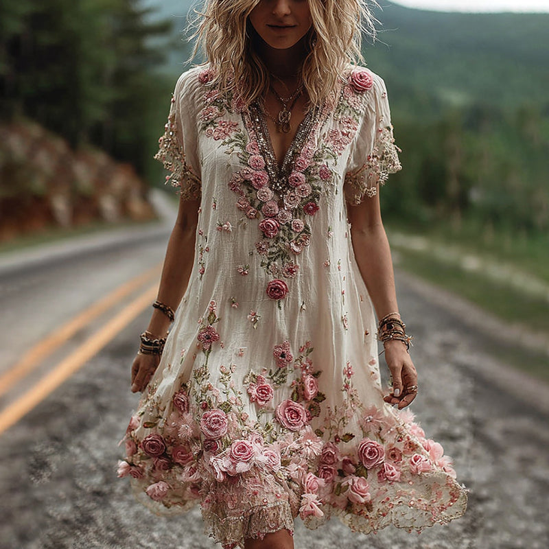 RUBY – BLOSSOM GEBORDUURDE V-HALS JURK