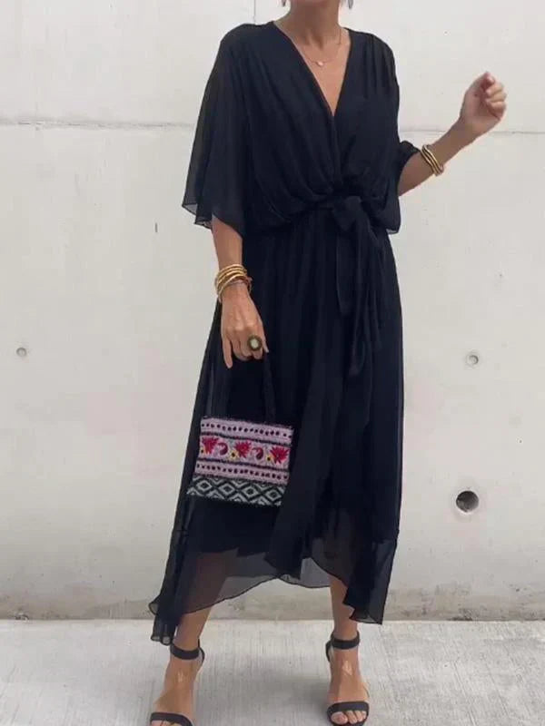 Milou™ | Chiffon midi-jurk met wikkel-look