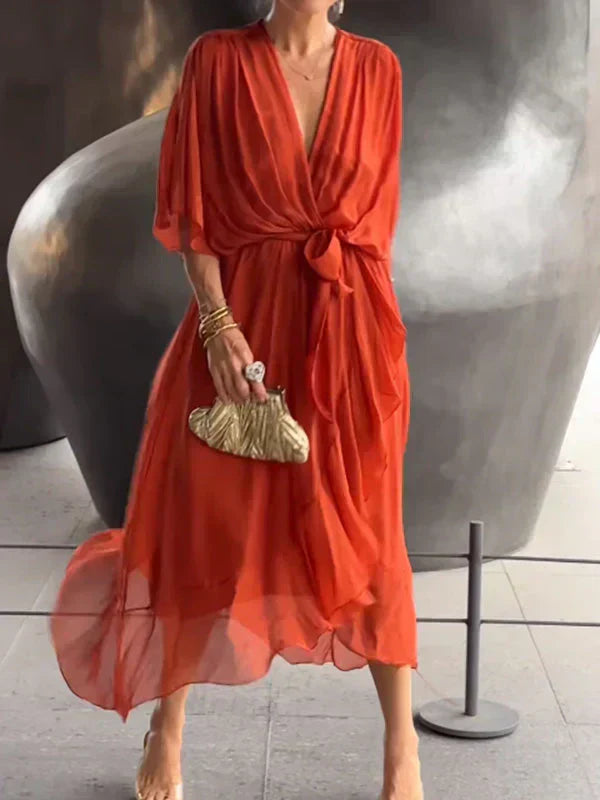 Milou™ | Chiffon midi-jurk met wikkel-look