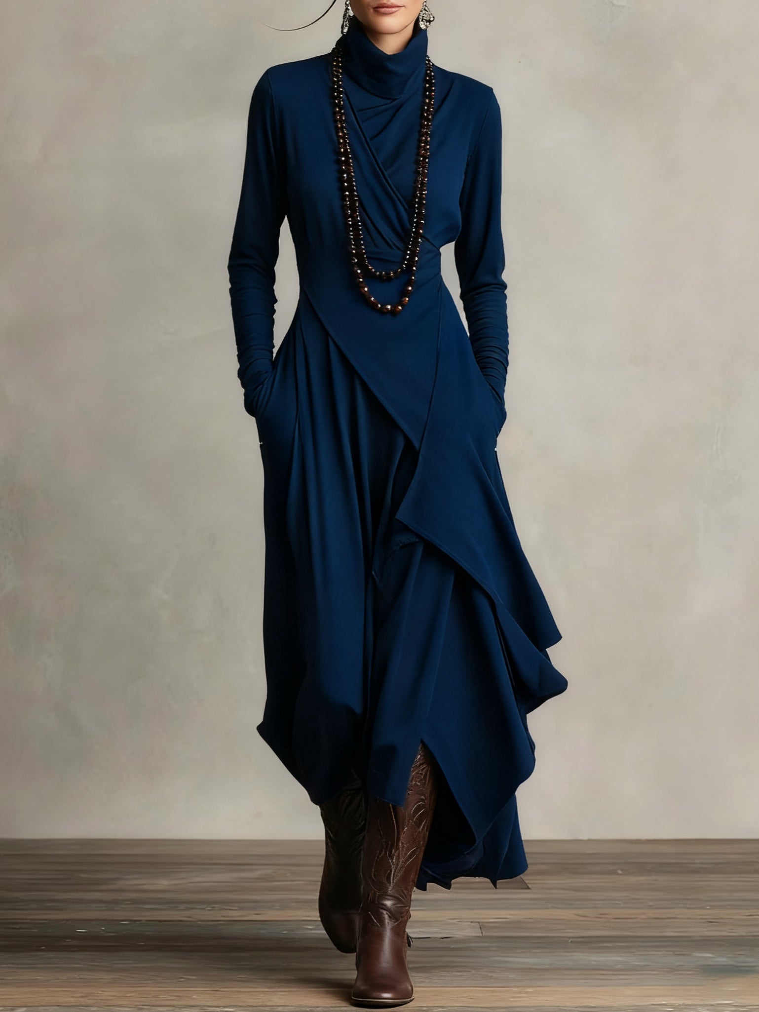 CLAIRE – ELEGANTE MAXI-JURK MET GEDRAPEERD ONTWERP EN HOGE HALS