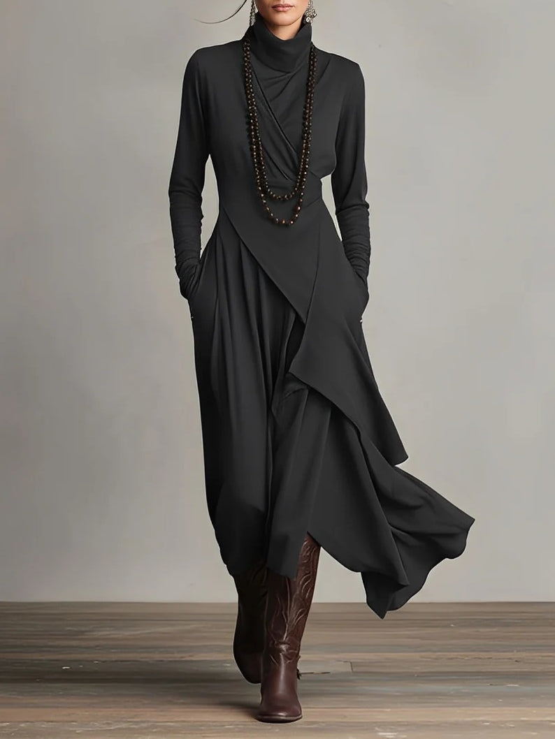 CLAIRE – ELEGANTE MAXI-JURK MET GEDRAPEERD ONTWERP EN HOGE HALS