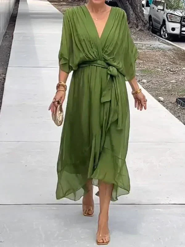 Milou™ | Chiffon midi-jurk met wikkel-look
